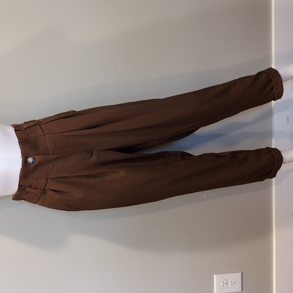 SHEIN Brown Pleated Paperbag Waist Cuffed Hem Trousers Size Small